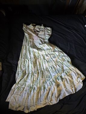 Umgee White Dress with Green and Tan Botanical Print